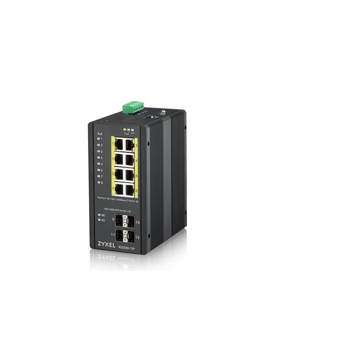 Zyxel RGS200-12P, 12-port Gigabit WebManaged switch: 8x GbE + 4x SFP, PoE (802.3at, 30W), Power budget 240W, DIN rail/Wa