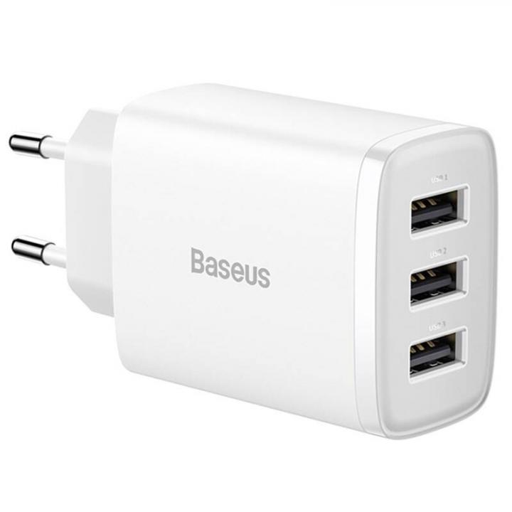 Baseus nabíječka do sítě compact 3xUSB 17W bílá