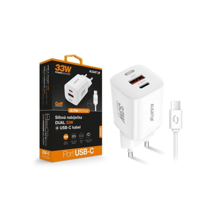 ALIGATOR Mini PD 33W, USB-C+A, rychlá nabíječka GaN, s kabelem USB-C/USB-C, bílá