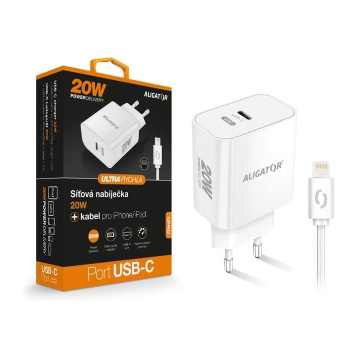 Chytrá síťová nabíječka ALIGATOR Power Delivery 20W, USB-C kabel pro iPhone/iPad, bílá